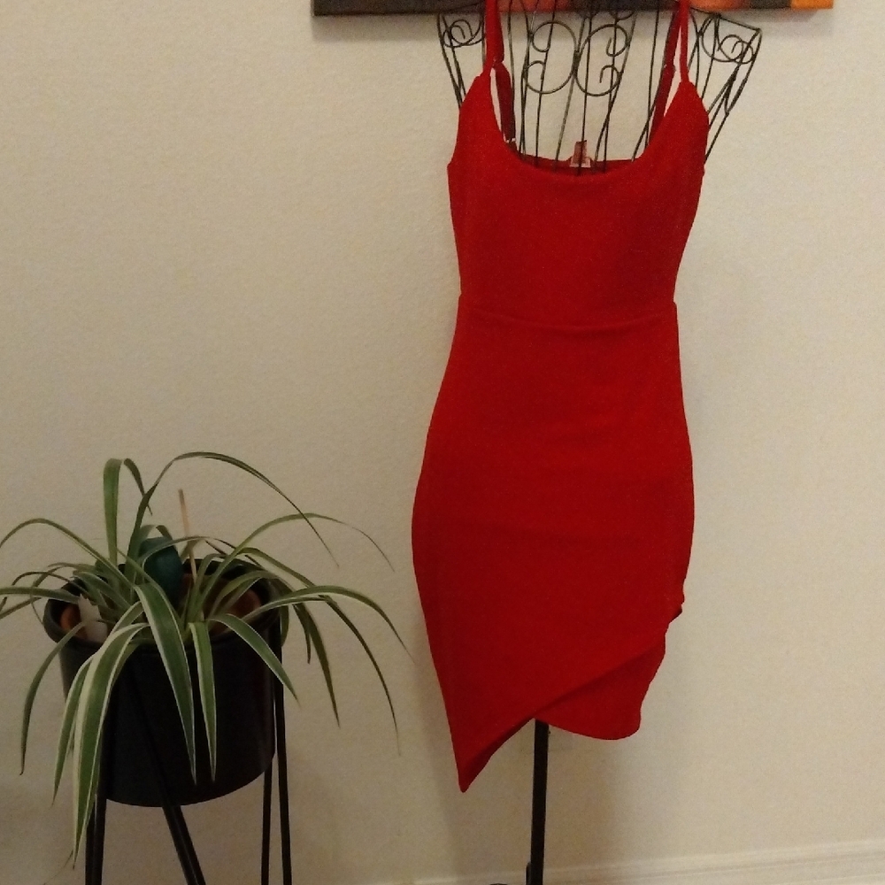 Guess Red Asymmetrical Ribbed Bodycon Dress